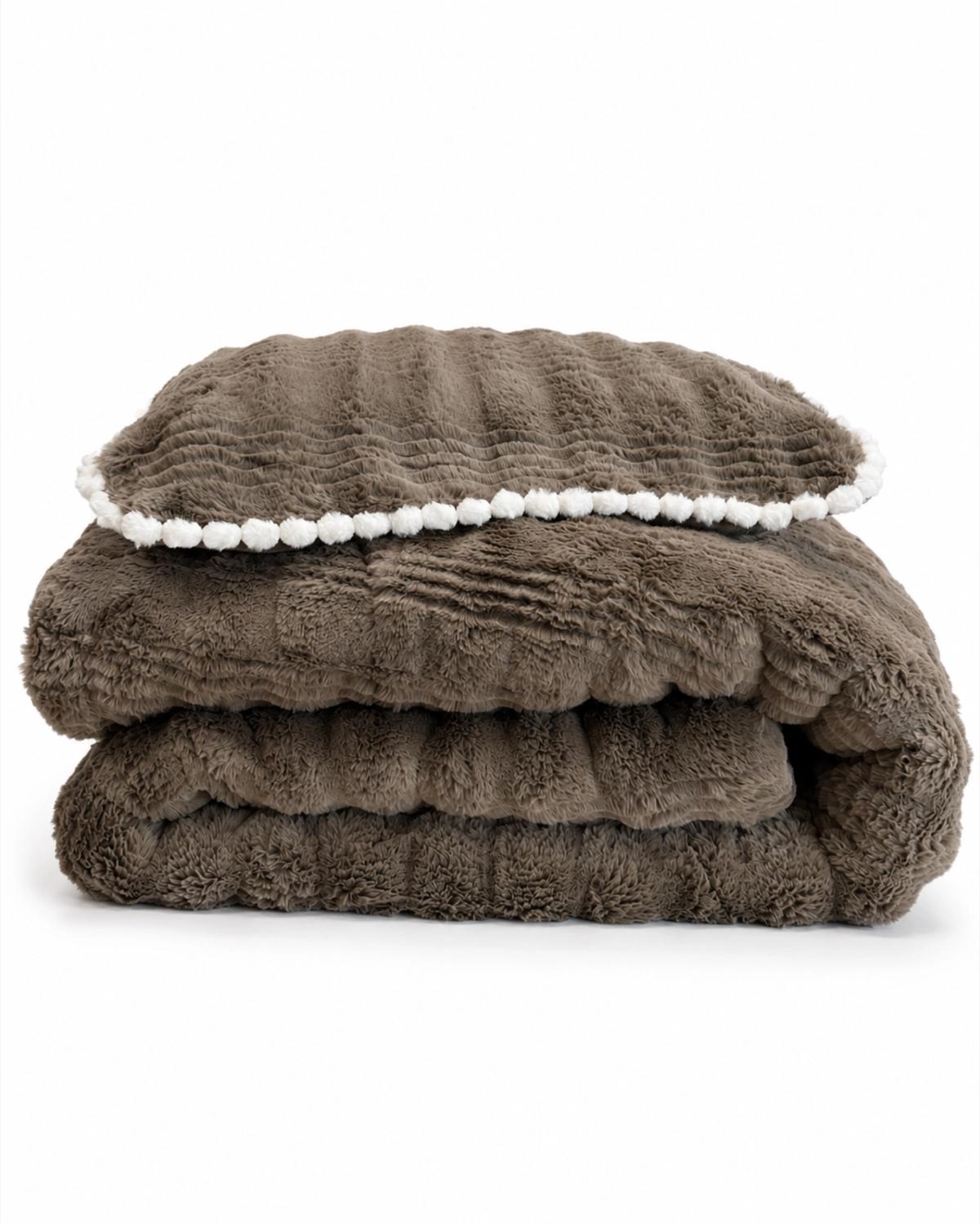 Olive Brown Ribbed Faux-Fur AC Blanket Set — King