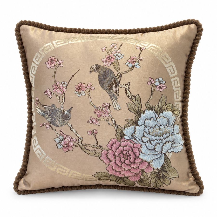 Taupe Blossom & Bird Cushion