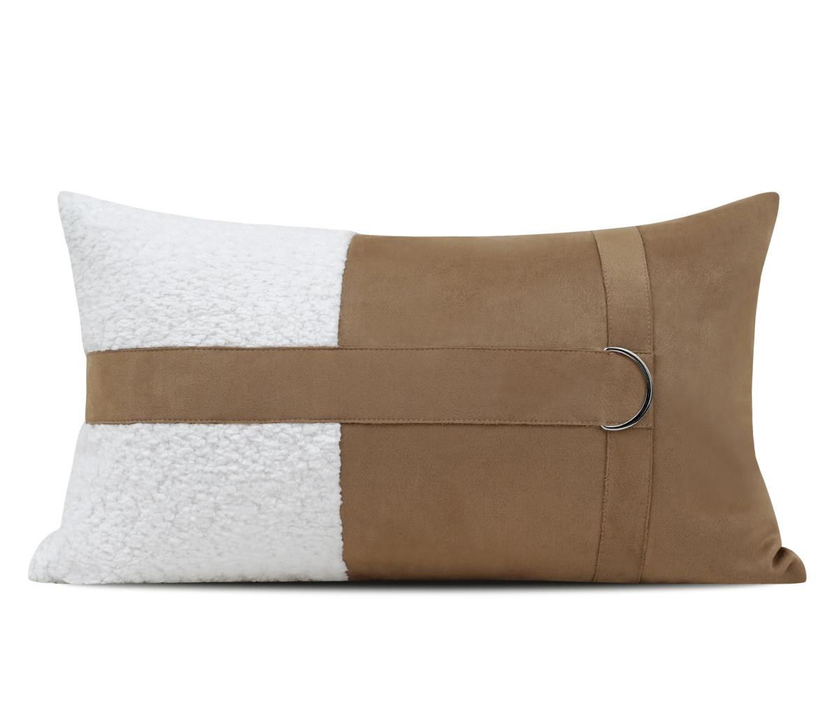 Tan Faux-Leather Inlay Lumbar Cushion Cover