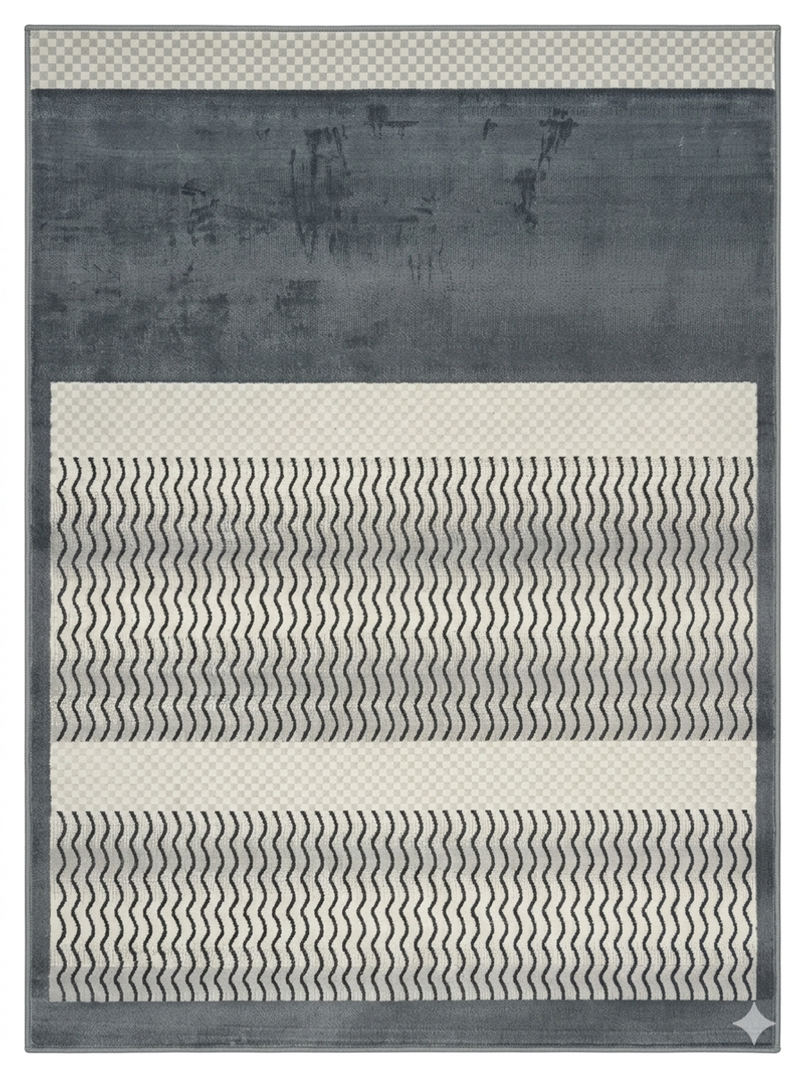 Strata Rug — Grey with Cream Wave Bands