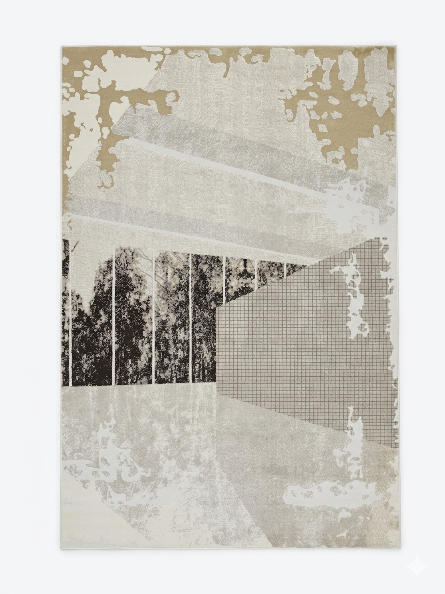 Architectural Collage Rug — Beige with Halftone & Stripe Blocks