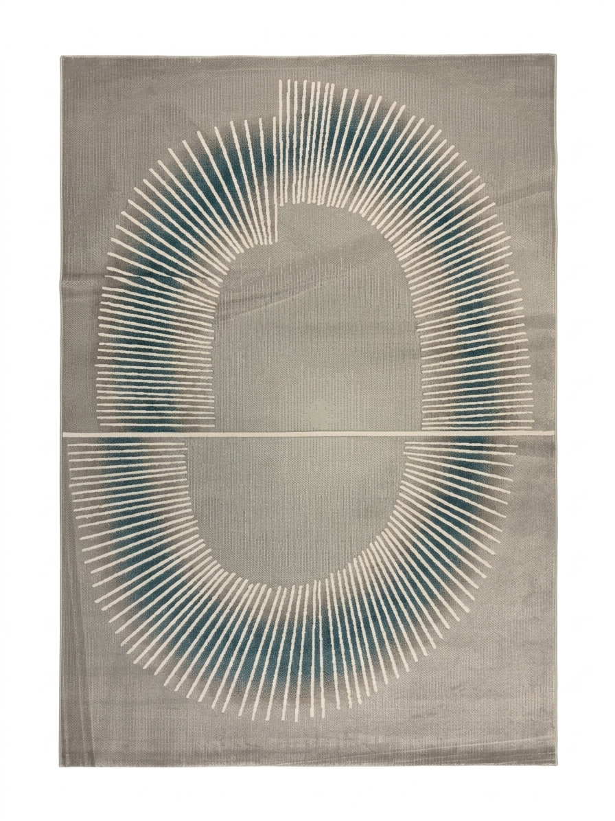 Oval Sunburst Rug — Ivory with Teal Radiating Lines