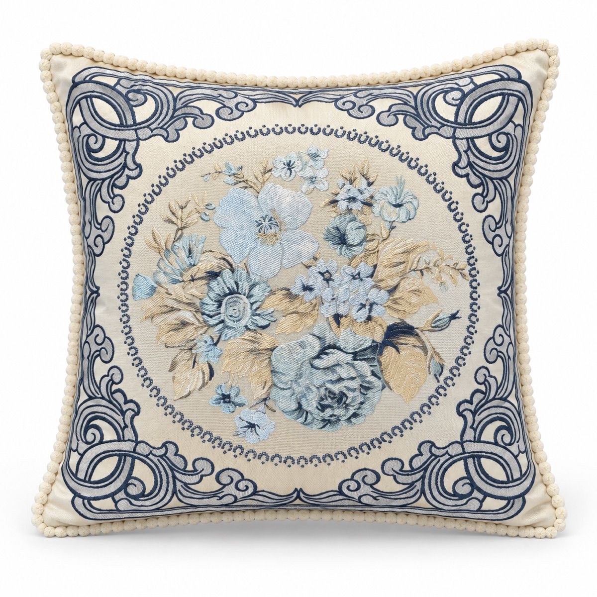 Blue Floral Scroll Frame Cushion