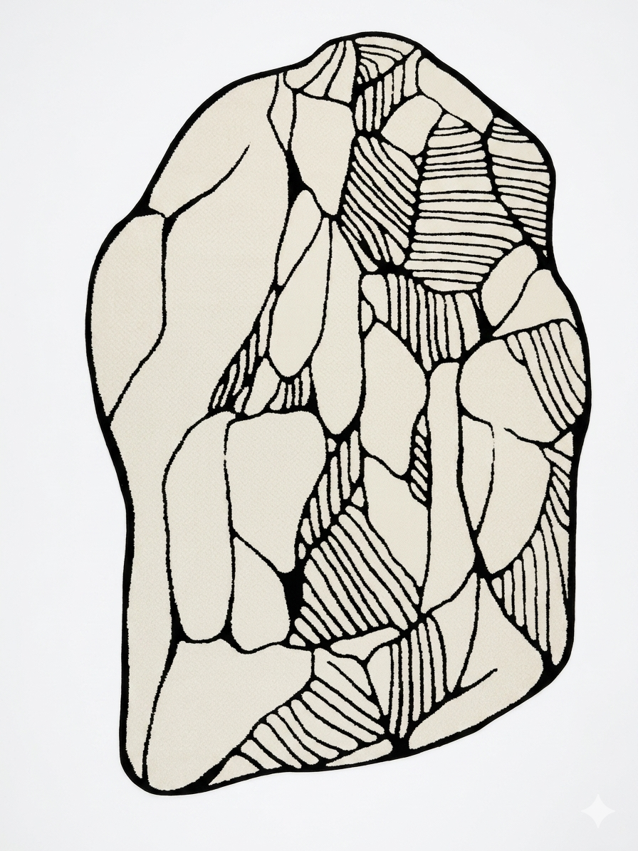 Organic-Shape Pebble Rug — Black Outline on Cream