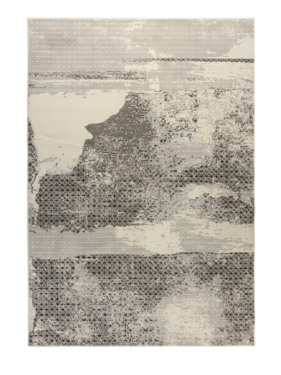 Eroded Grid Rug — Cream with Black Hex-Grid Pattern