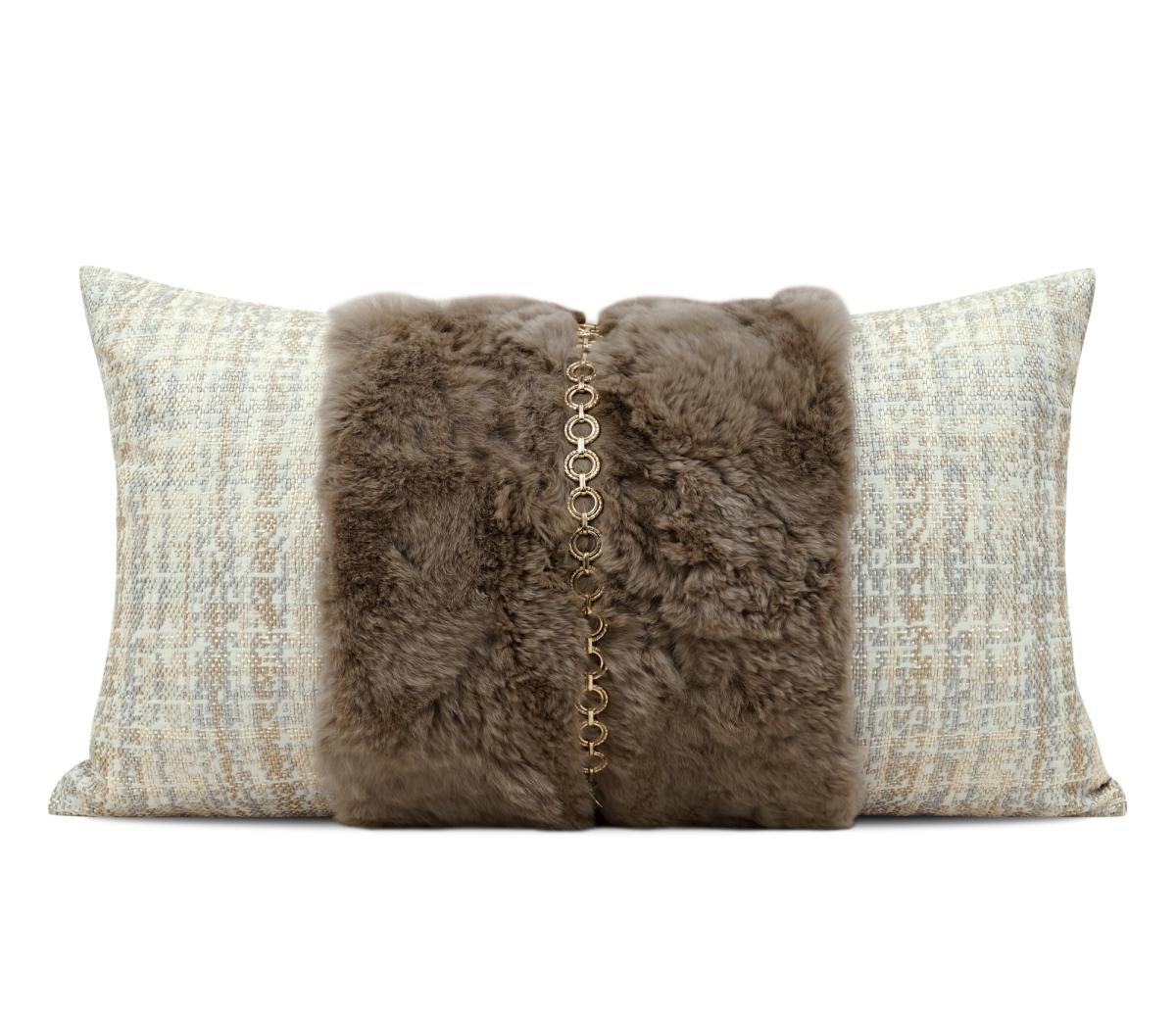 Cream & Brown Faux-Fur Band Lumbar Cushion Cover