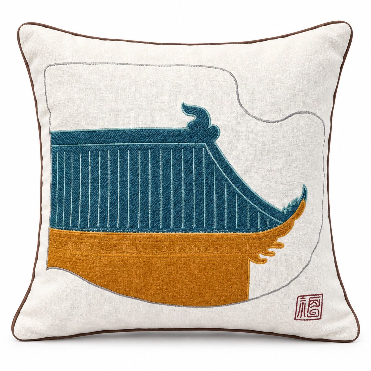 Teal & Ochre Roof Motif Cushion