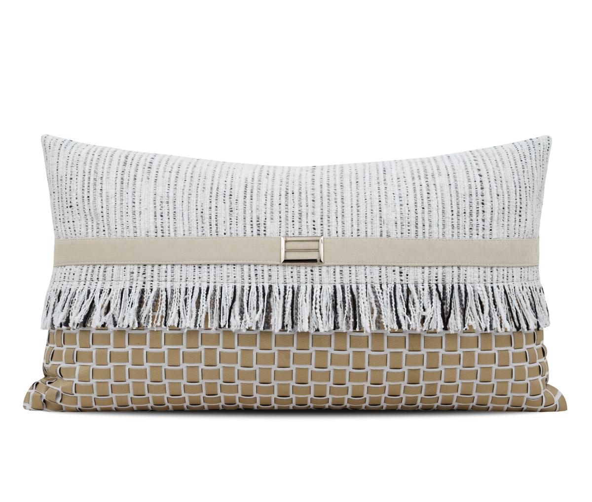 Tan Fringed Stripe Lumbar Cushion Cover