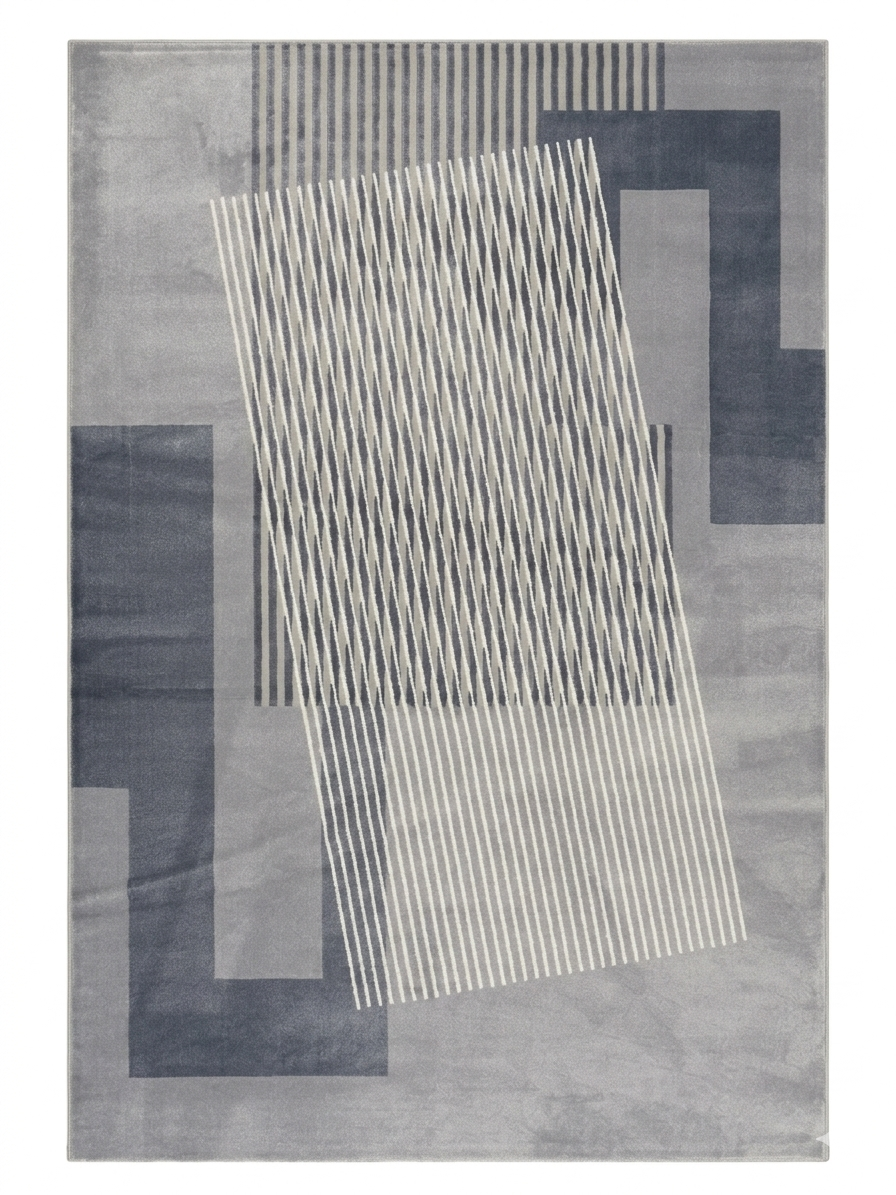 Bauhaus Geometry Rug — Grey Striped Panel with Block Detail