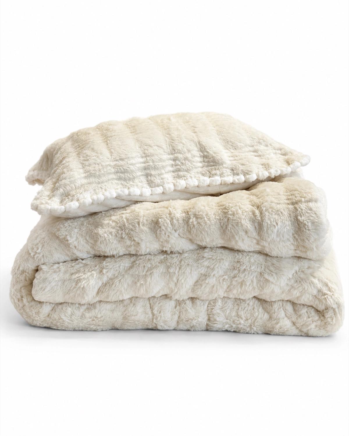 Ivory Ribbed Faux-Fur AC Blanket Set — King