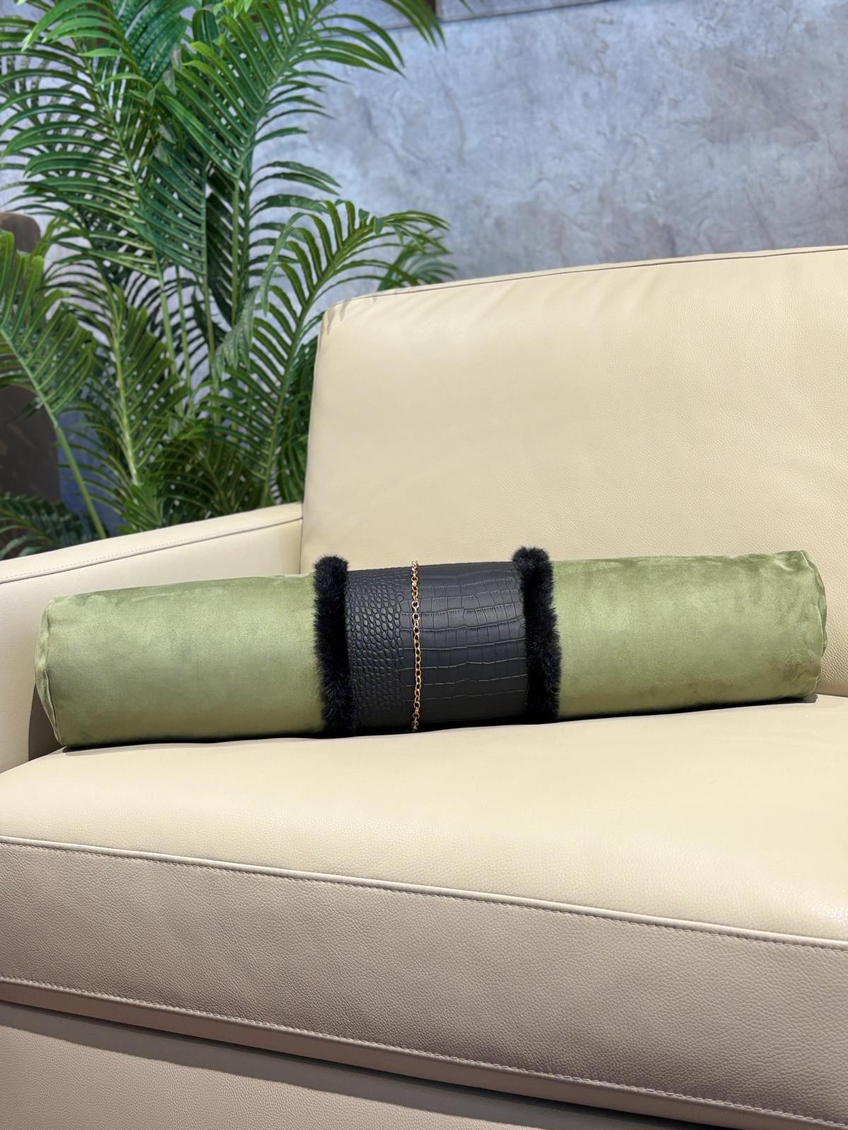 Olive Velvet Croc-Band Bolster Cushion Cover