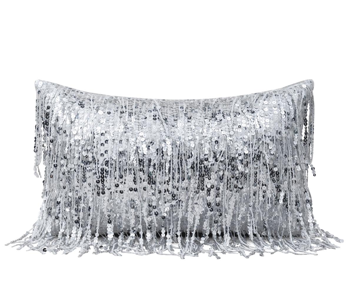 Grey & Silver Fringed Lumbar Cushion Cover