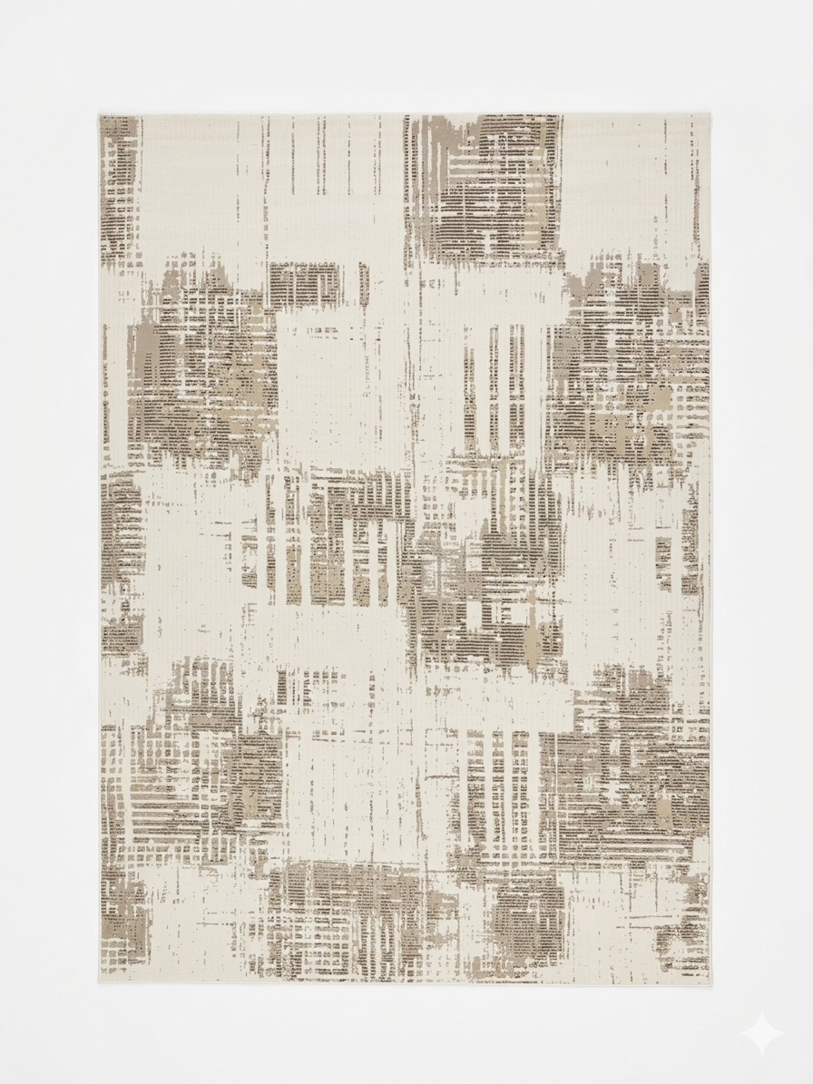 Weathered Plaid Rug — Cream with Brown Distressed Grid