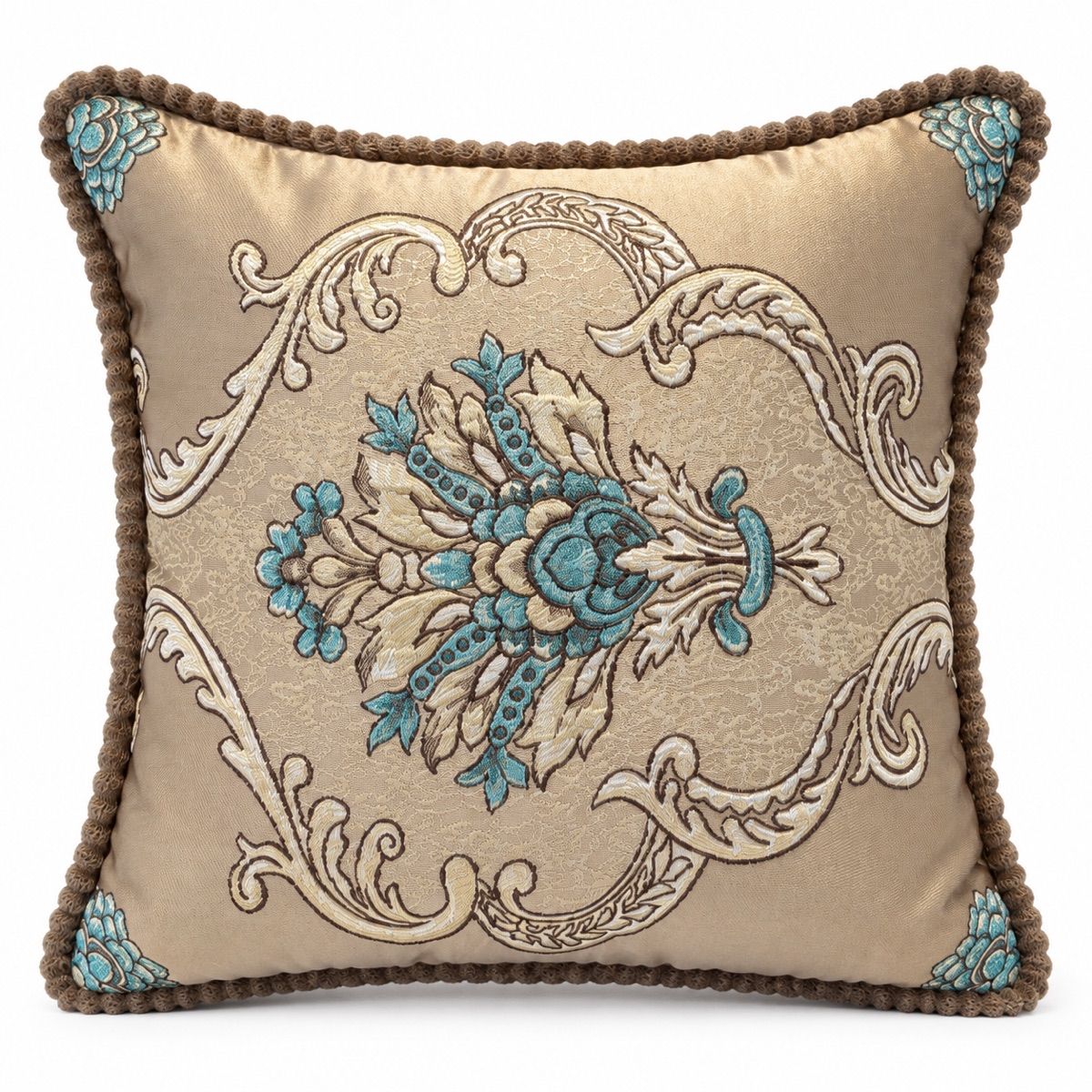 Taupe & Teal Ornate Floral Cushion