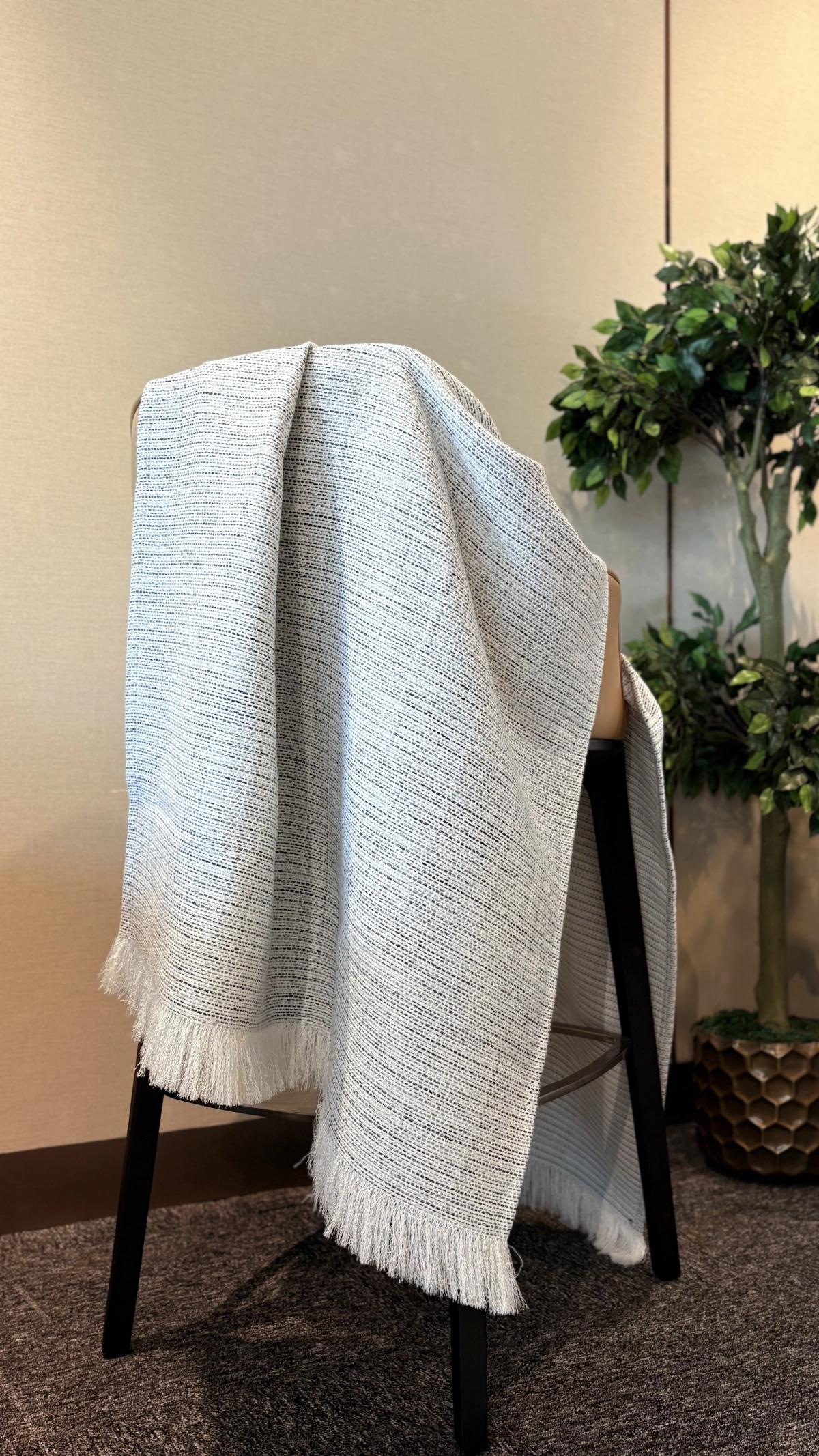 Pale Blue-Grey Woven Throw with Cream Fringe