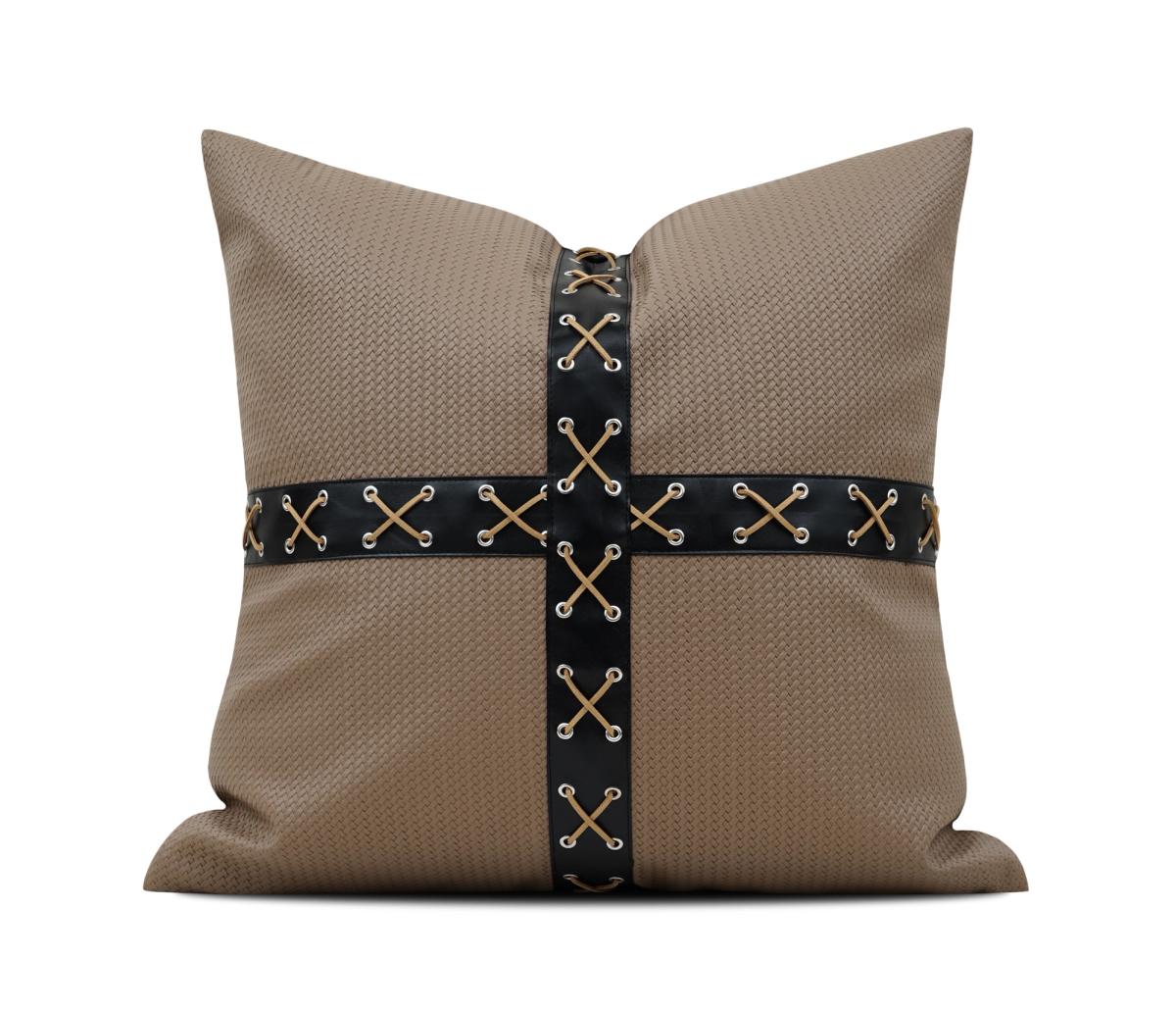 Tan Embroidered Cross-Band Cushion Cover