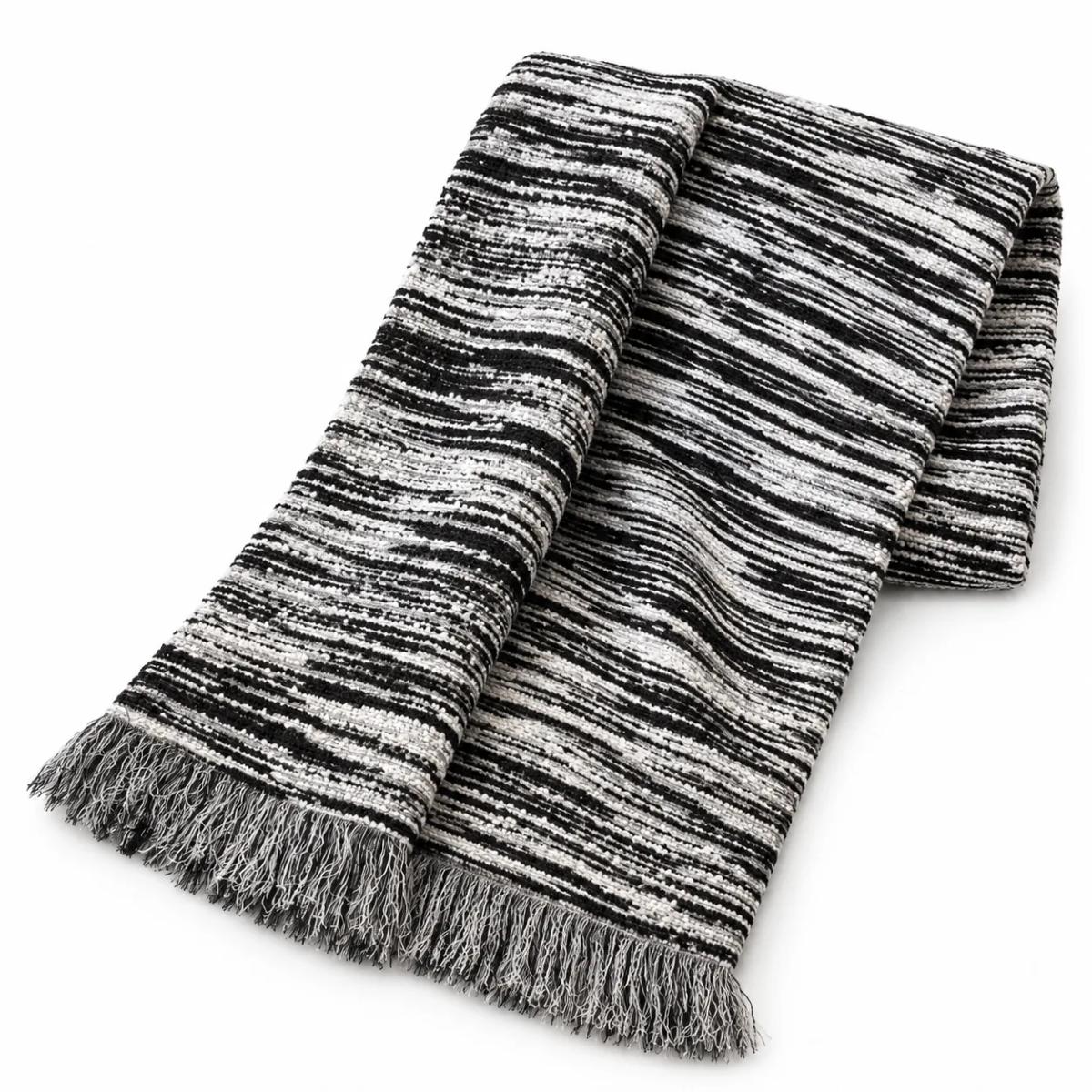 Black & Ivory Striped Bouclé Throw with Grey Fringe