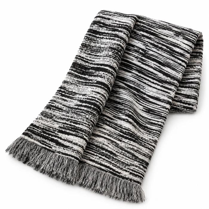 Black & Ivory Striped Bouclé Throw with Grey Fringe