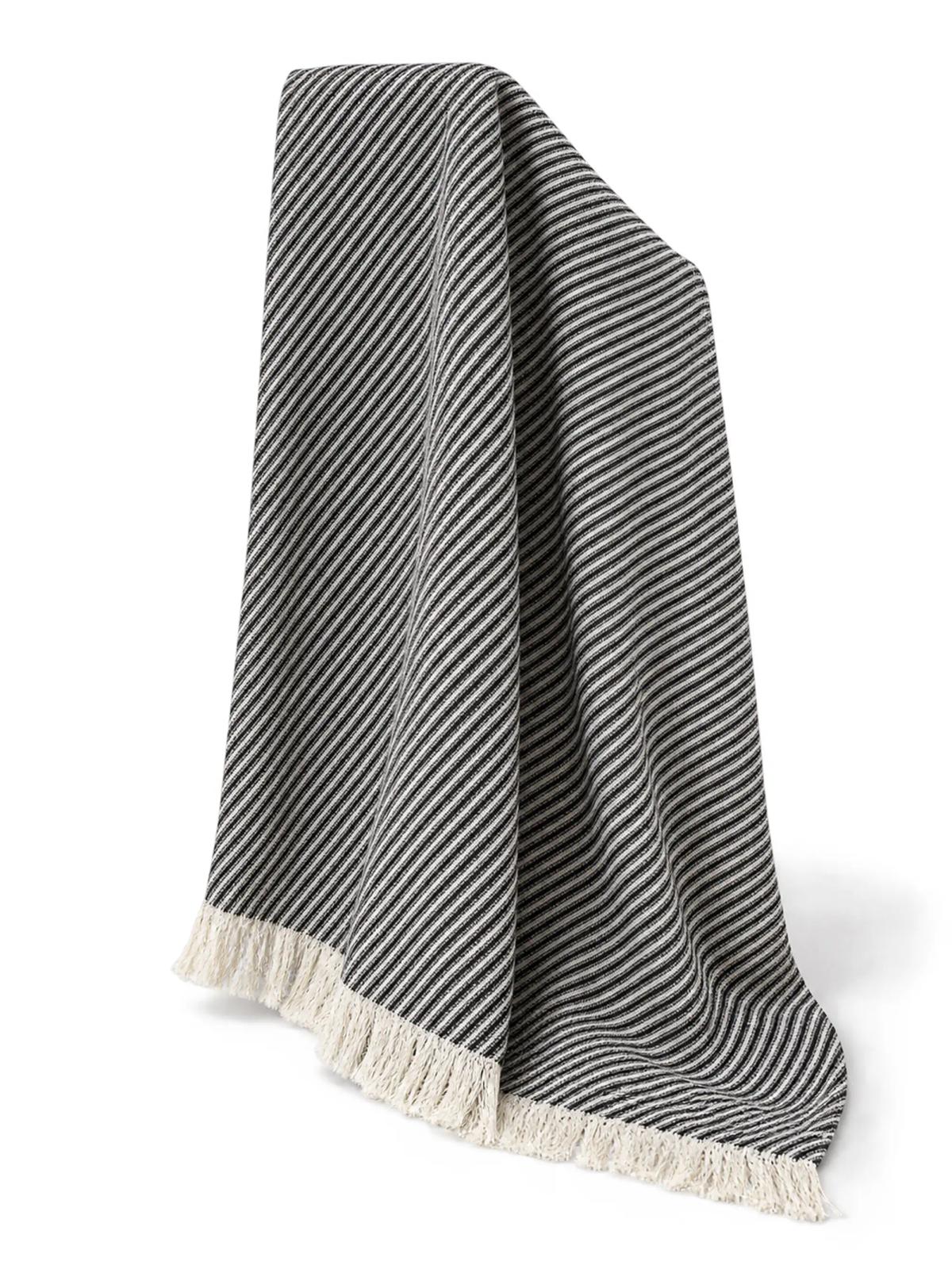 Charcoal Diagonal Stripe Throw with Ivory Fringe