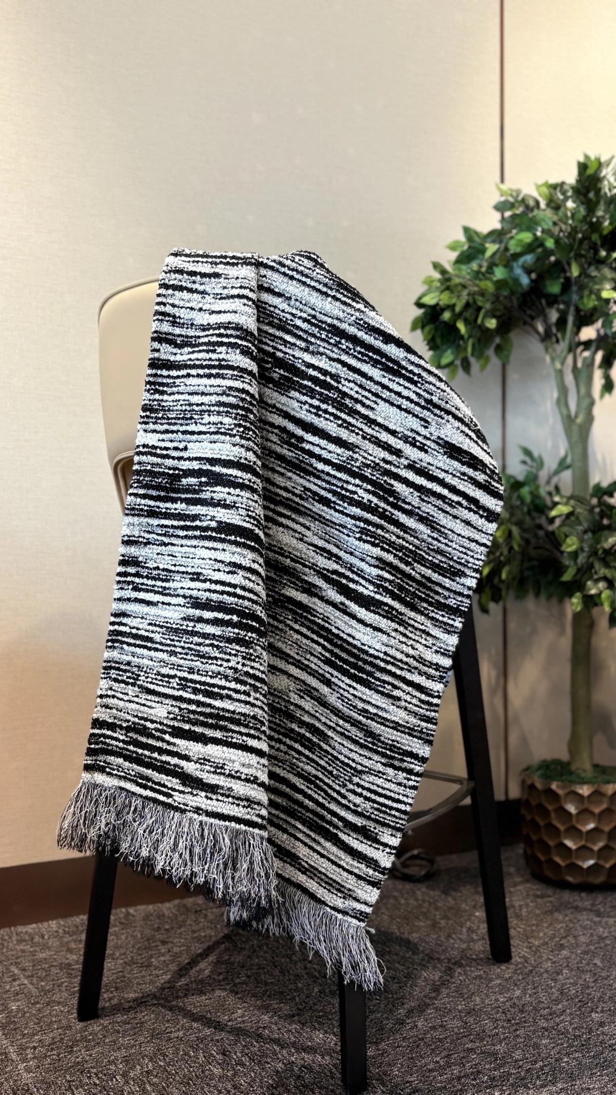 Black & Ivory Striped Bouclé Throw with Grey Fringe