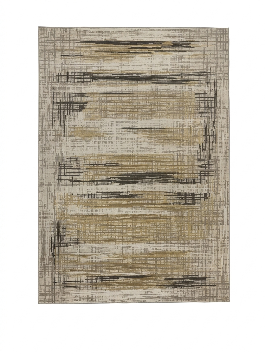 Weathered Horizontal-Stroke Rug — Mustard & Charcoal on Cream