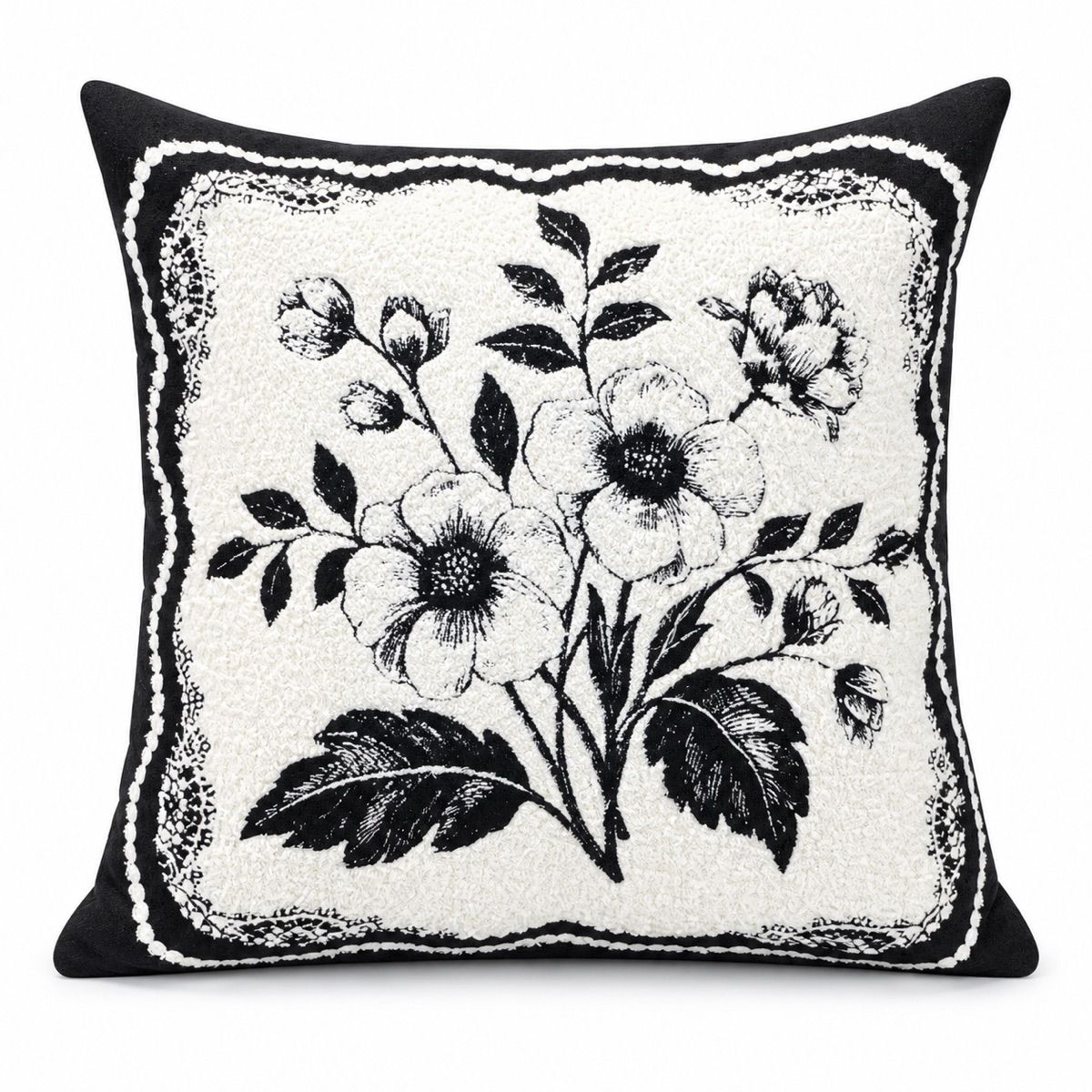 Black & Ivory Floral Panel Cushion