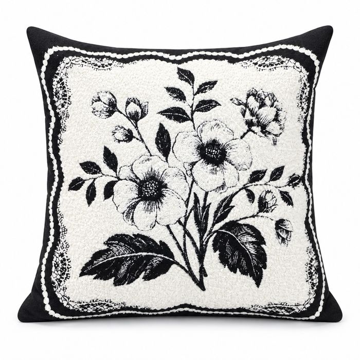 Black & Ivory Floral Panel Cushion