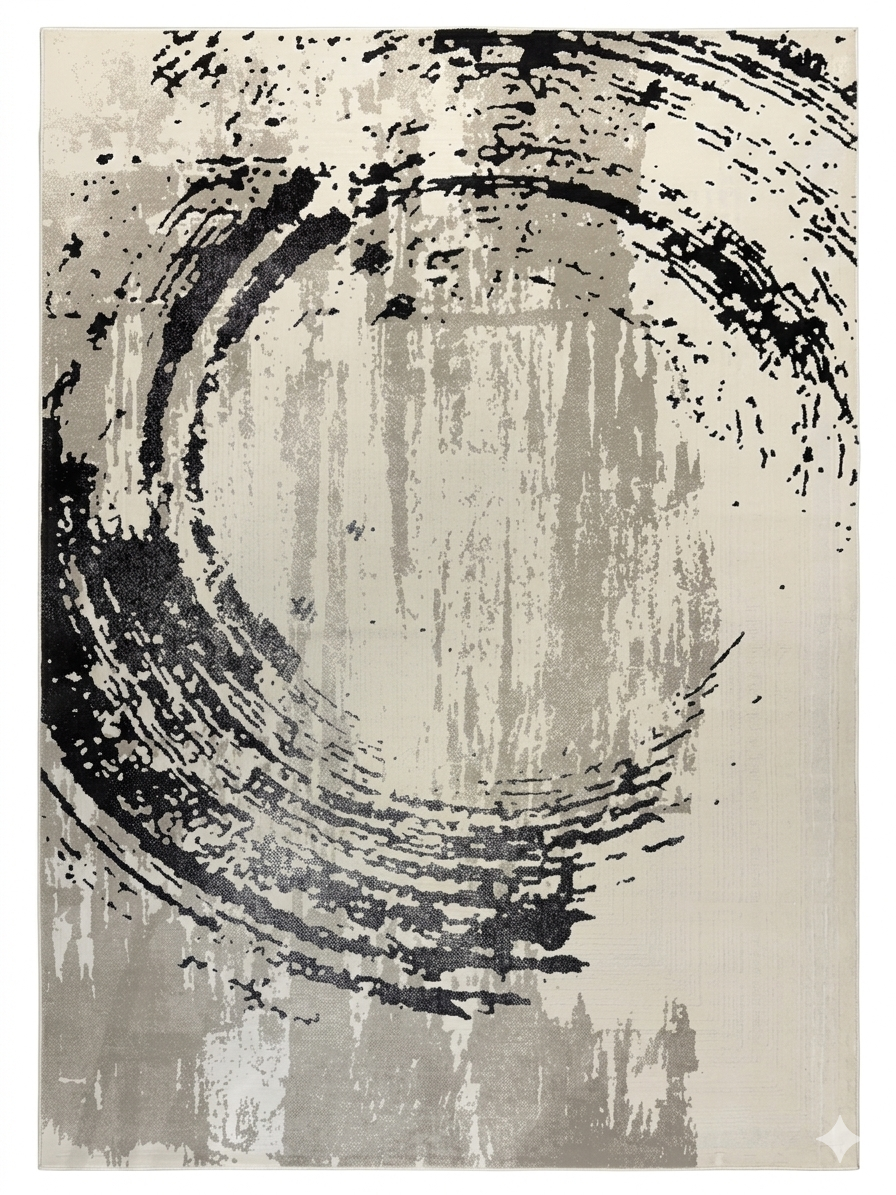 Enso Brushstroke Rug — Cream with Black Distressed Circle