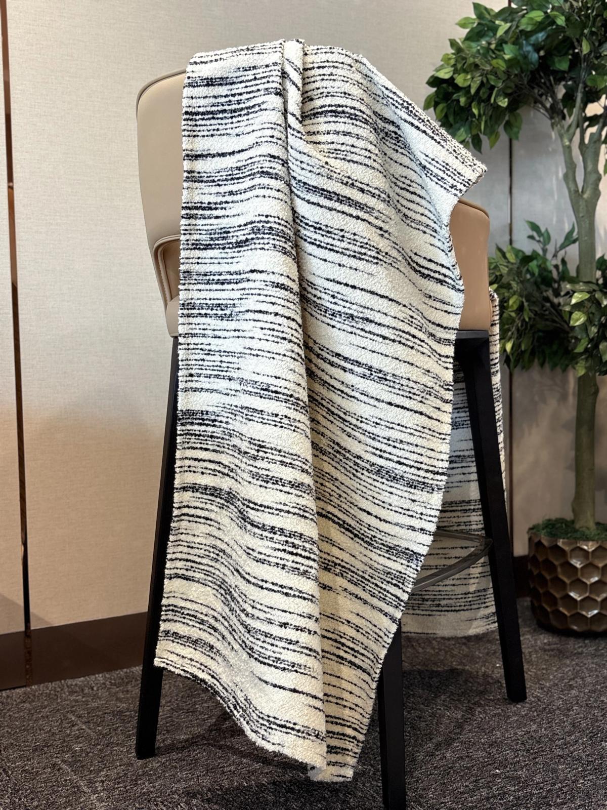 Black-Flecked Striped Bouclé Throw — Ivory