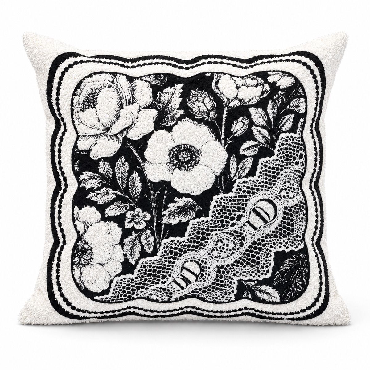Ivory & Black Floral Tapestry Cushion