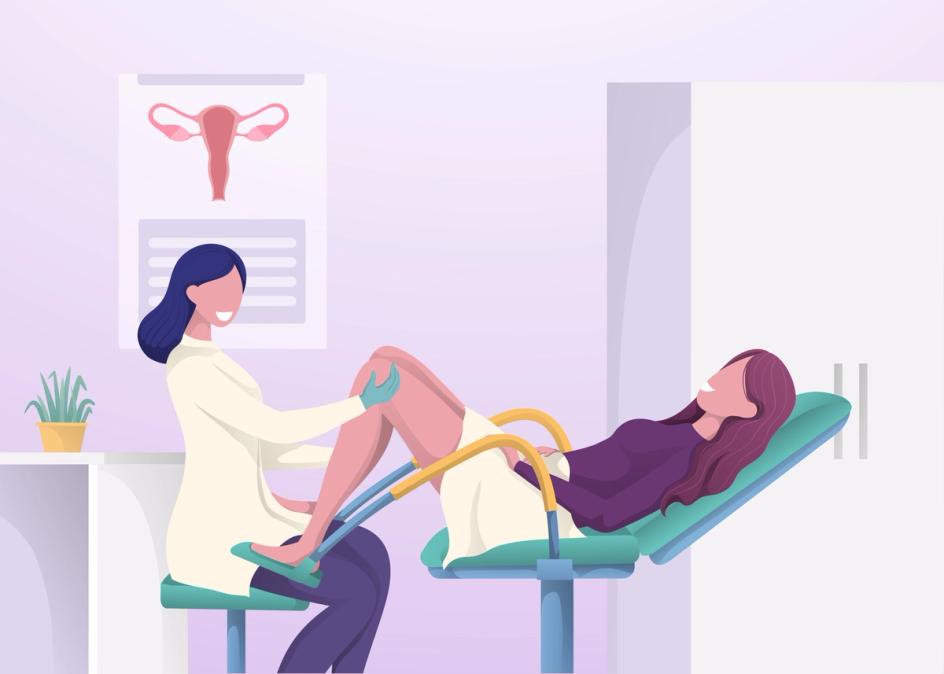 Kvinne i gynekologstol med legen foran henne