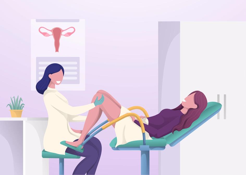 Kvinne i gynekologstol med legen foran henne