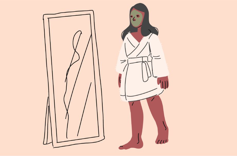 Tegnet bilde av kvinne med ansiktsmaske som ser seg i speilet