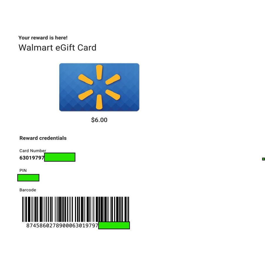 Sample of an Original Walmart e-gift card showing the 16 digits card number and Pin