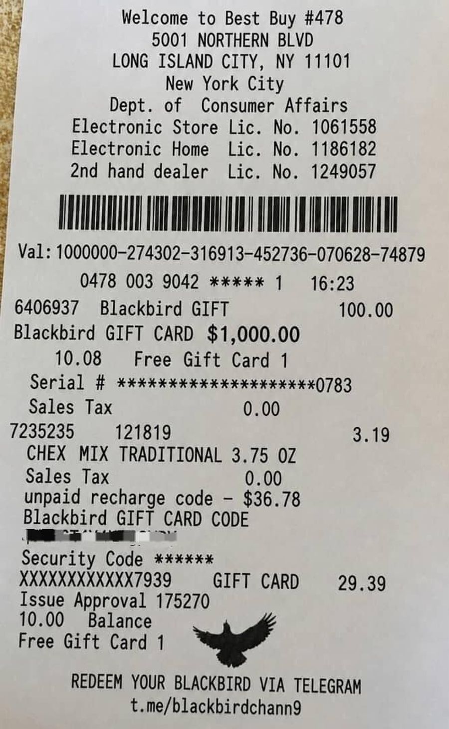 Fake Best Buy receipt for a Blackbird gift card with a Telegram handle printed at the bottom