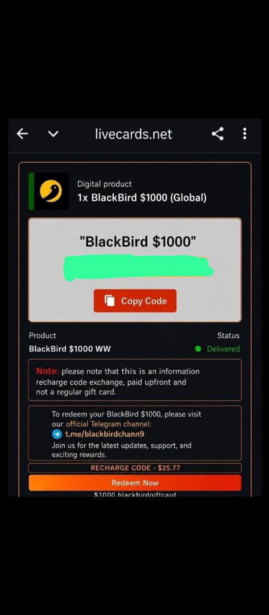 Livecards.net order confirmation stating the Blackbird product is not a regular gift card