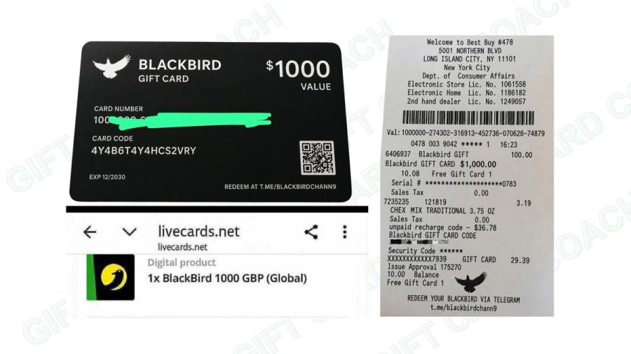 Blackbird gift card showing the warning signs of a fake gift card
