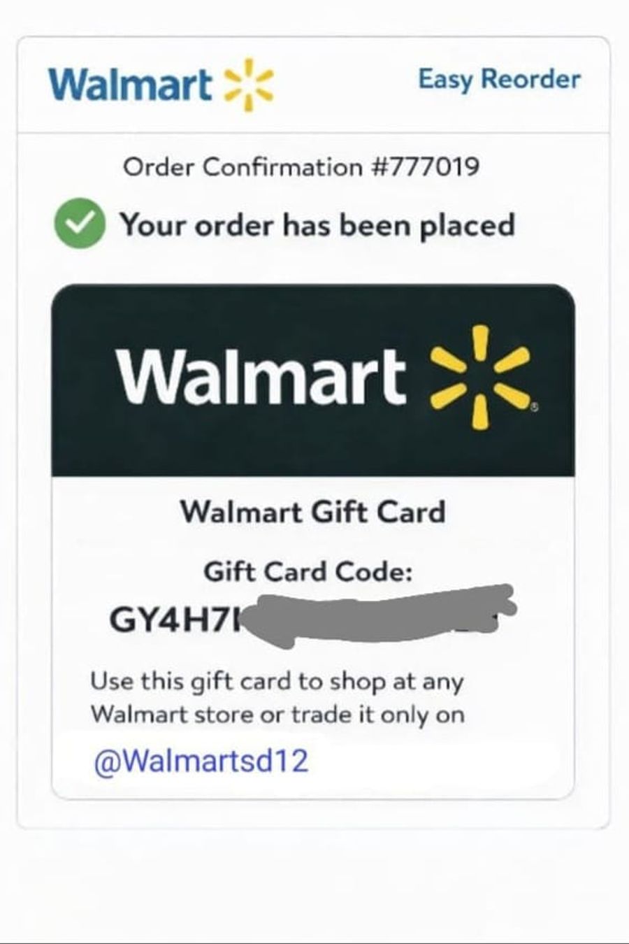 counterfeit Walmart e-gift card with Telegram redemption instructions