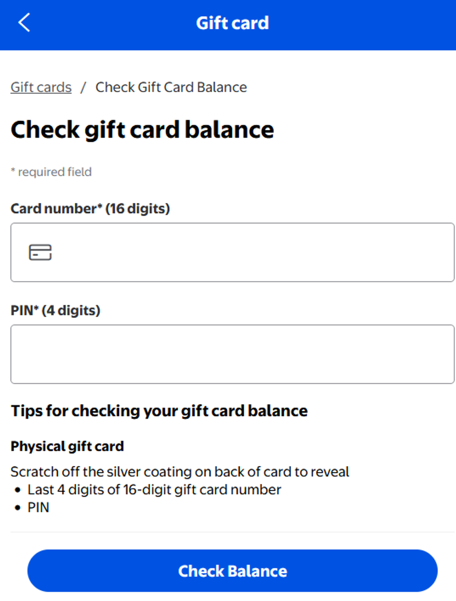 Page on Walmart.com website where you can insert your Walmart gift card number and pin to check your gift card balance