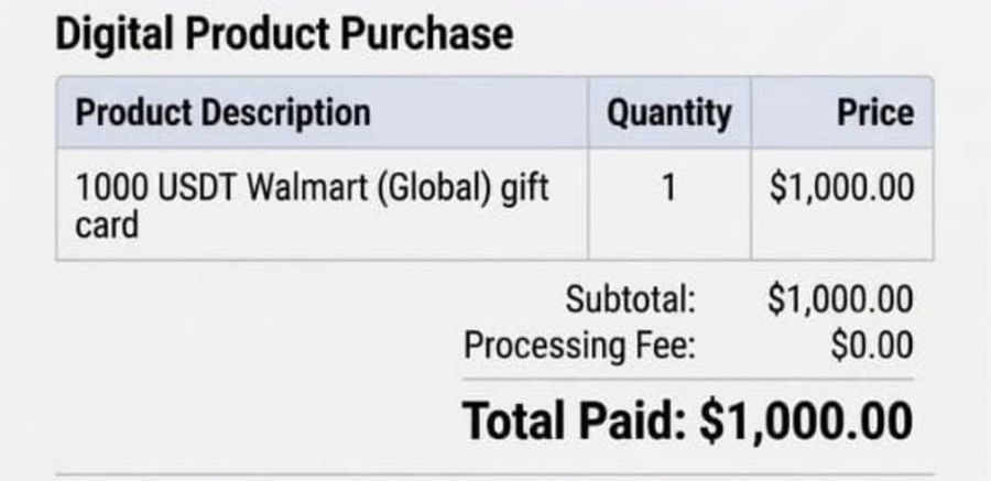 Fake Walmart gift card receipt showing it was purchased in USDT