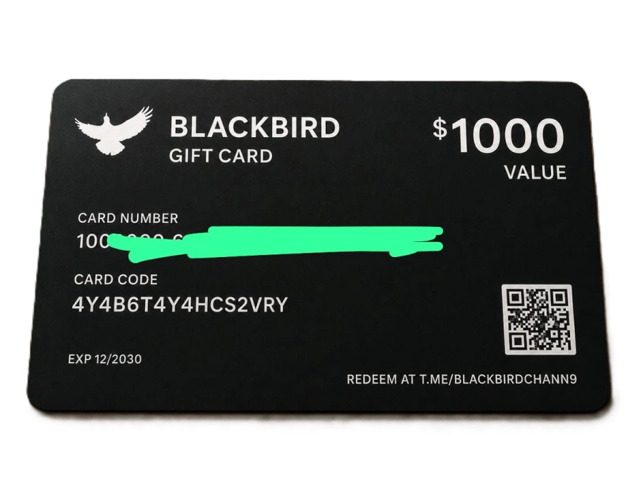 Fake Blackbird gift card showing $1000 value and a Telegram address instead of a merchant website