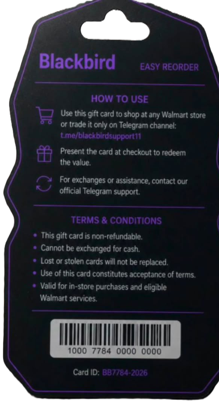 Blackbird gift card packaging claiming Walmart acceptance and Telegram only trading