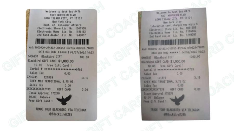 Two copies of the same Best Buy receipt for a Blackbird gift card showing different dates