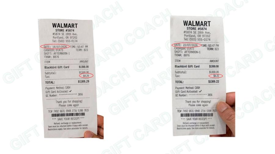 Two Walmart receipts for the same Blackbird gift card transaction with different dates and tax amounts