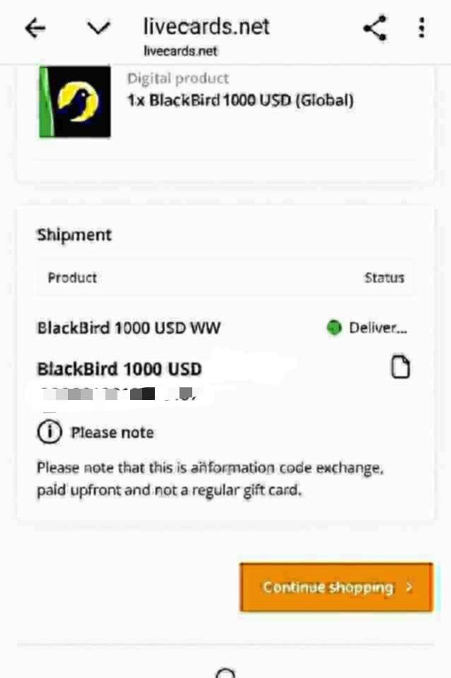 Livecards.net listing showing a Blackbird gift card in USD with a repeated typo in the disclaimer