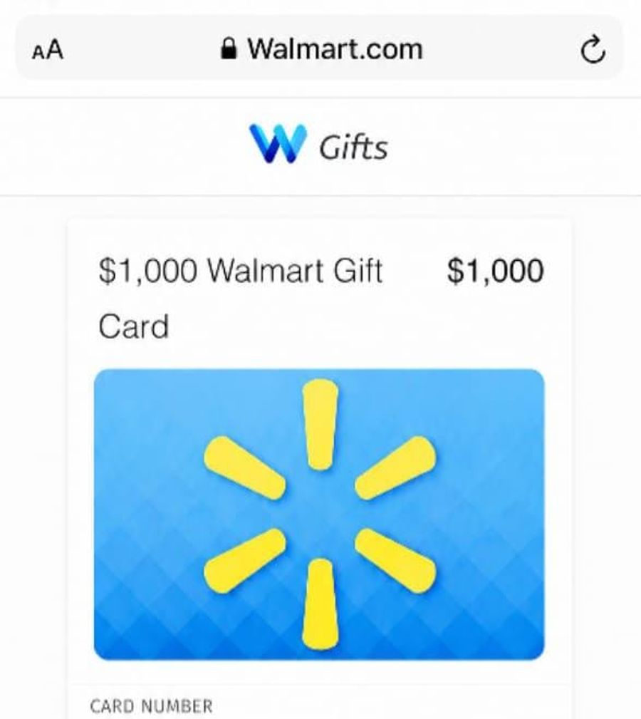 fake Walmart $1000 USD gift card example