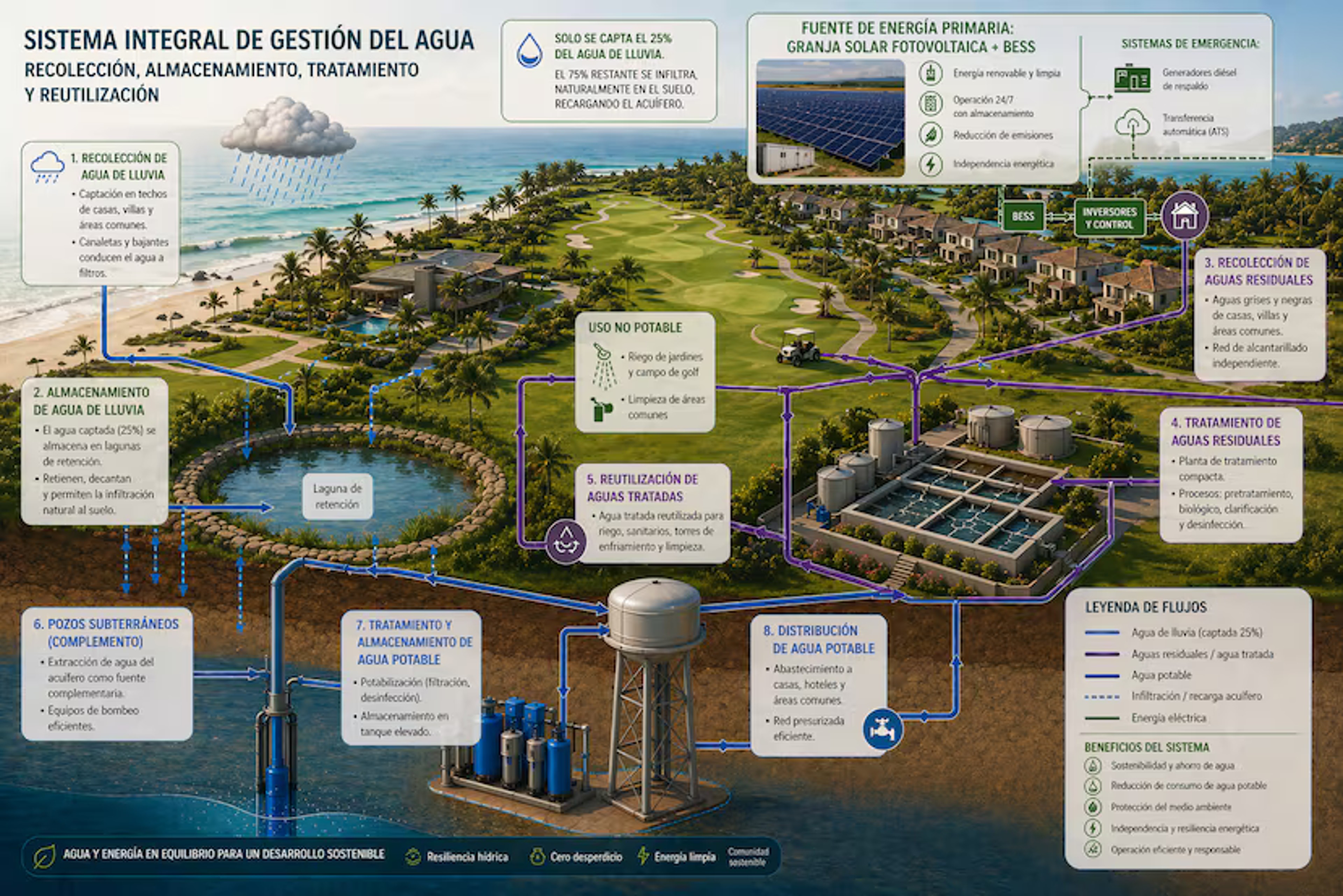 Artículo sobre el modelo de autosuficiencia hídrica de Esencia, incluyendo captación de lluvia, reúso de agua y sistemas independientes de infraestructura.