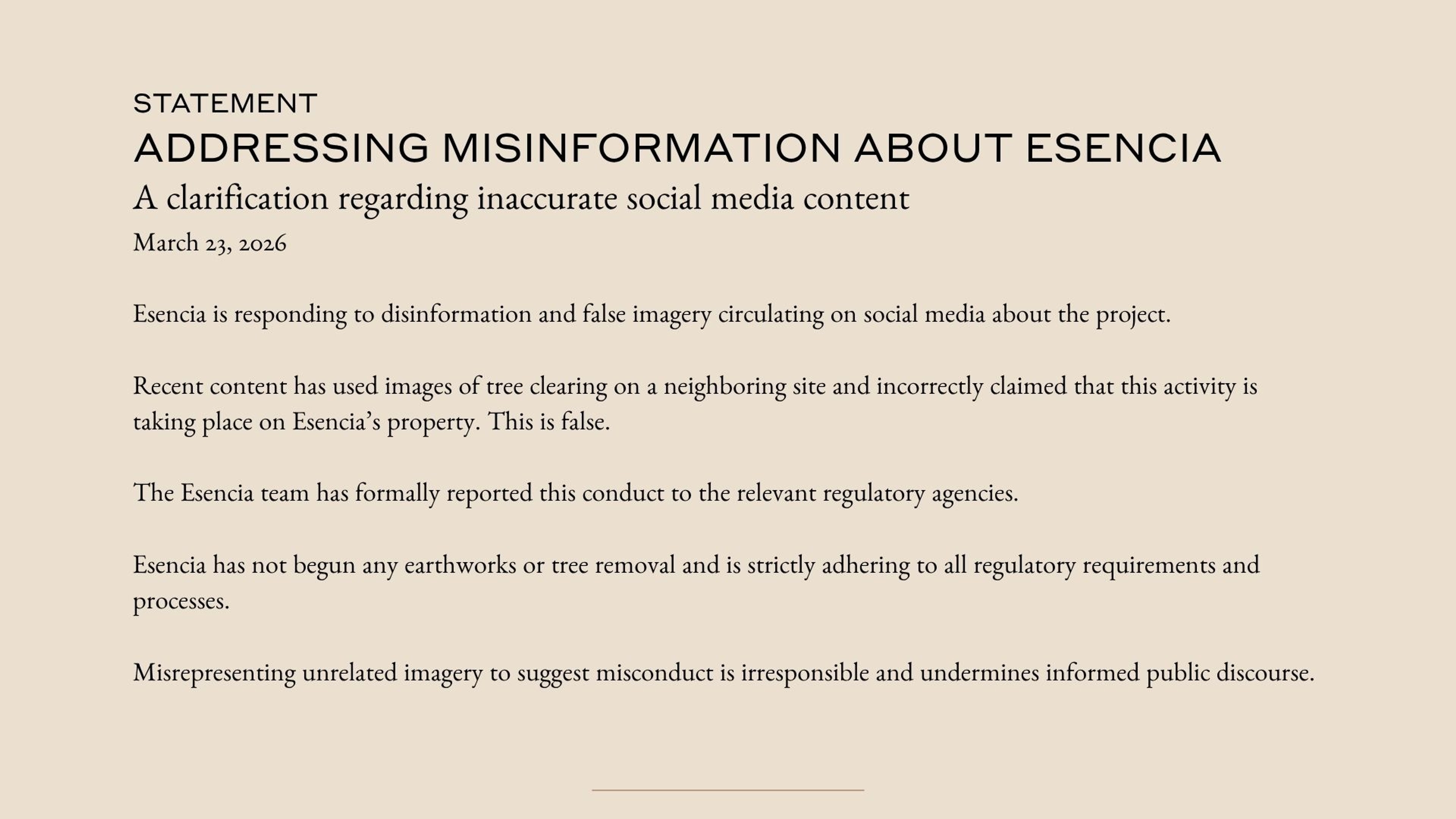 Esencia addresses false social media claims, confirming no clearing or earthworks have begun and all regulatory processes are being followed.
