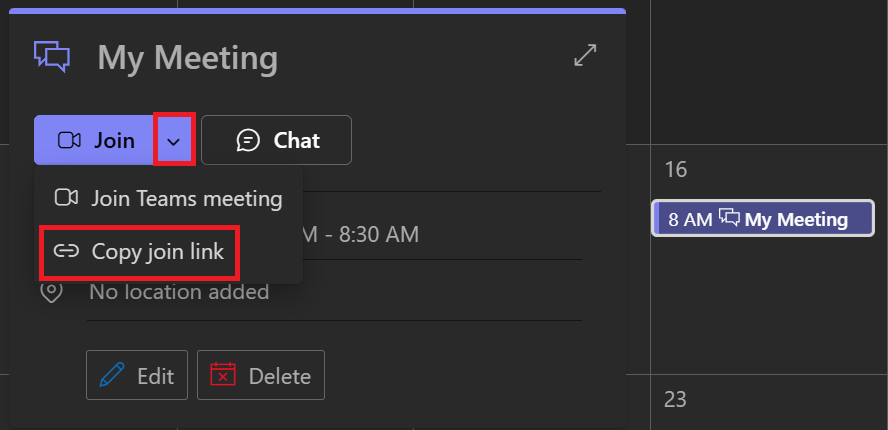 Copy the join link from an existing meeting