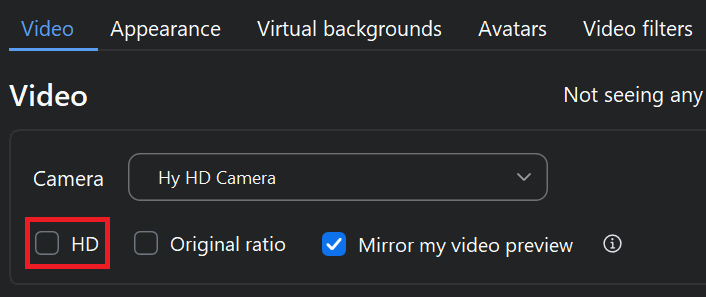 Disabling Zoom HD video